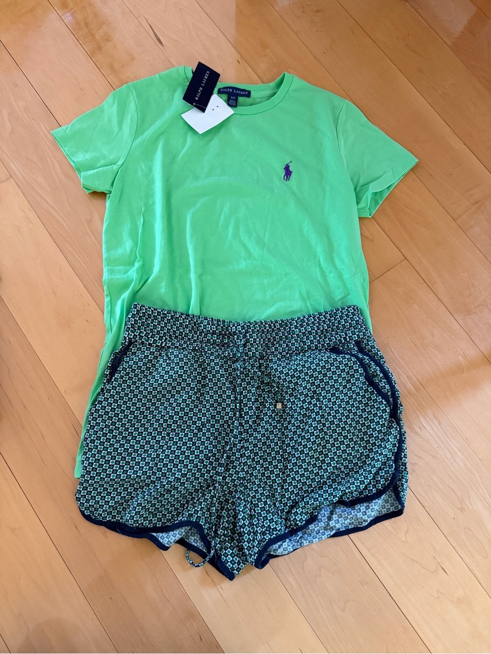 Ralph Lauren Neon Green Logo Tee with Navy-Trim Printed Shorts